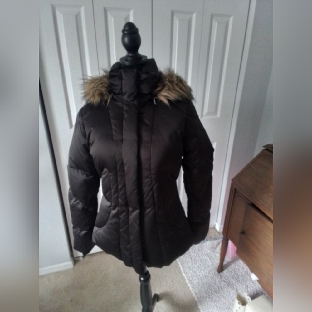Women's Brown Fur-Trimmed detachable hood Jacket